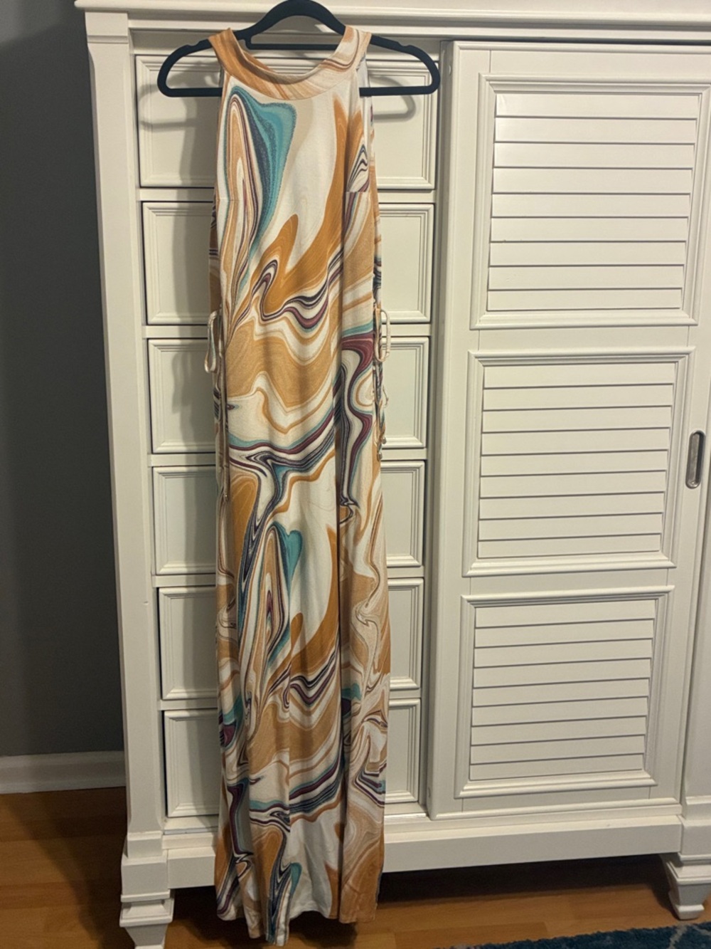 Cato Marble-Print Sleeveless Maxi Dress in Mustard, Teal & Cream